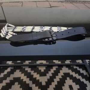 Black Leather Belt with Cream Beaded Straps and Rhinestone Buckle